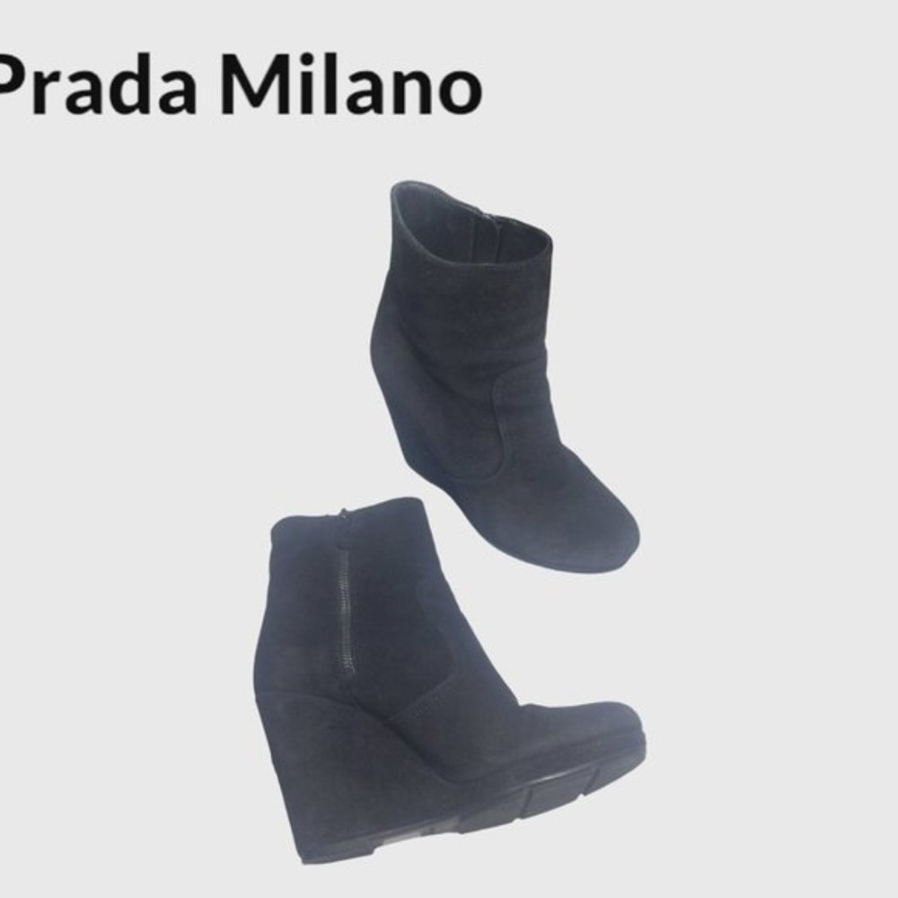 Prada Milano Women's Black Suede Ankle Wedge Boots Size 9